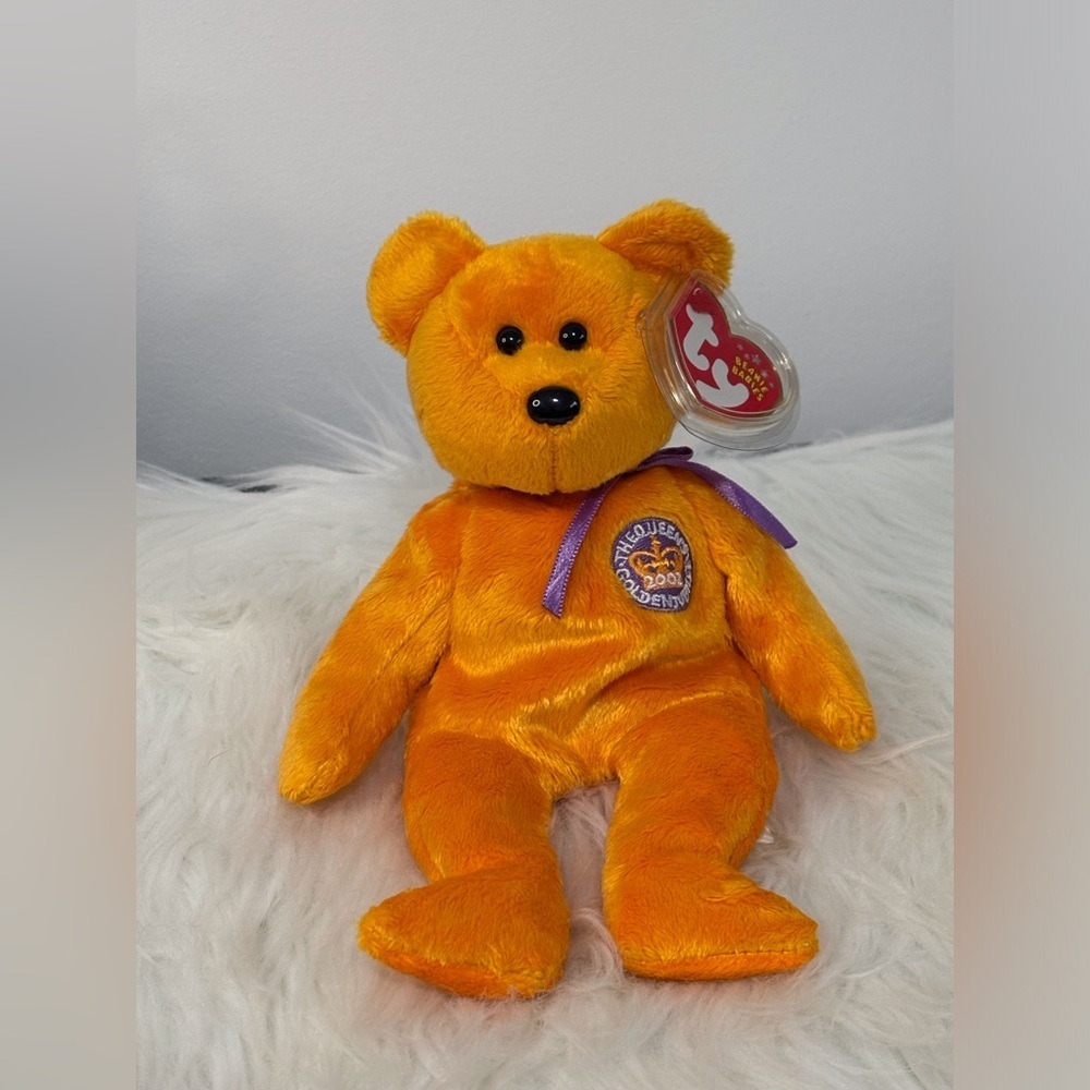 Ty(48)Orange Celebrations Beanie Baby Bear Queen Elizabethโs Golden Jubilee 2002